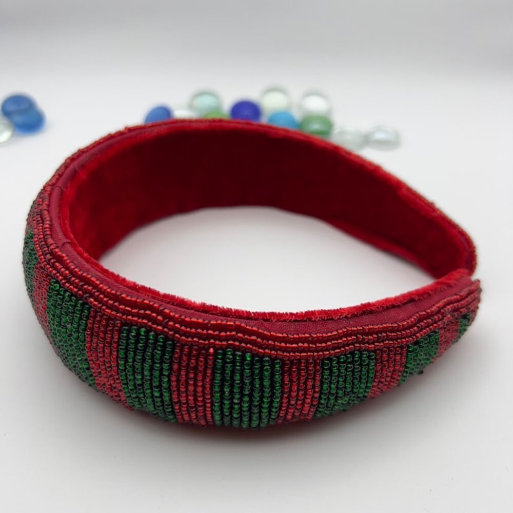 Handmade beaded headbands, Red and Green Vertical pattern